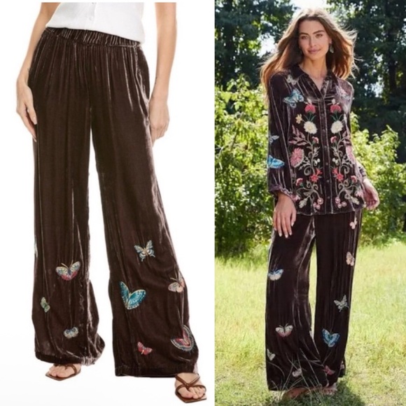 Johnny Was Pants - NWT JOHNNY WAS Embroidered Velvet Floral Wide Leg Coordinating Pull-On Pants XXL